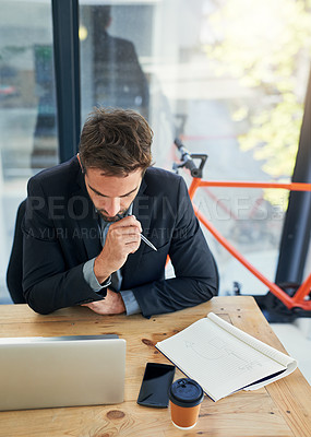 Buy stock photo Businessman, thinking and laptop with documents for finance decision, investment or trading by office window. Man, employee or broker in wonder for financial choice with paperwork and computer