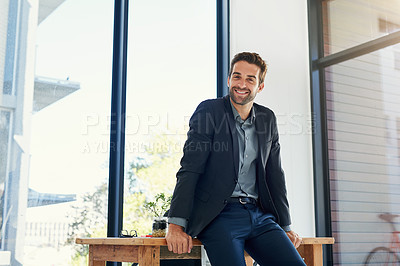 Buy stock photo Businessman, portrait and happy agent at desk, human resources and confident for hiring in company. Male person, employee and smile for consulting, vision and plan for growth in startup company