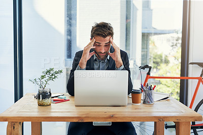 Buy stock photo Laptop, headache and businessman with stress in office for report, review or bad feedback. Computer, glitch or accountant frustrated by migraine crisis, vertigo or confused by bankruptcy disaster