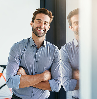 Buy stock photo Portrait, corporate and confident man in office for professional business career in project management. Male entrepreneur, arms crossed with happiness for startup company growth and development.