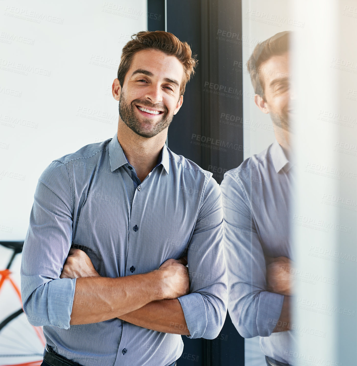 Buy stock photo Portrait, corporate and confident man in office for professional business career in project management. Male entrepreneur, arms crossed with happiness for startup company growth and development.