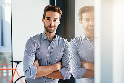 Buy stock photo  Portrait, business and confident man in office for professional corporate career in project management. Male entrepreneur, arms crossed with happiness for startup company growth and development.