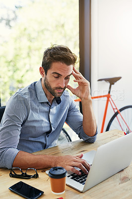 Buy stock photo Thinking, business man and browse laptop in desk at office in startup company as architect. Entrepreneur, table and research for information, ideas and planning on internet for creativity and stress