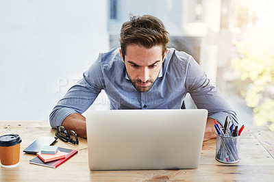 Buy stock photo Worry, reading and businessman with laptop in office for surprise news of audit, tax or financial crisis, Computer, stress or accountant with online alert of bankruptcy, fail or stock market disaster
