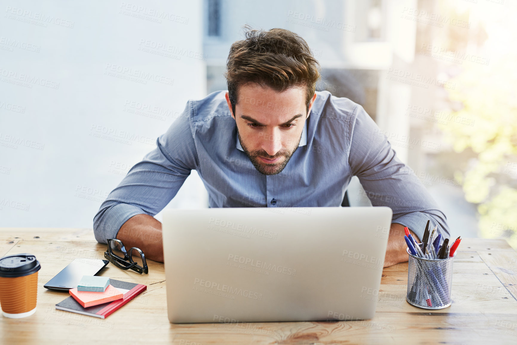 Buy stock photo Worry, reading and businessman with laptop in office for surprise news of audit, tax or financial crisis, Computer, stress or accountant with online alert of bankruptcy, fail or stock market disaster