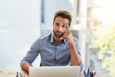 Buy stock photo Confused, burnout and portrait of businessman with laptop in office with stress, fatigue or overthinking mistake. Computer, face and manager with doubt, headache or exhausted by financial crisis 