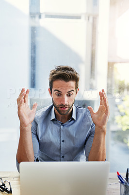 Buy stock photo Wow, fear and businessman with laptop in office for surprise news of audit, tax or financial crisis, Computer, stress or accountant with online alert of bankruptcy, fail or stock market disaster