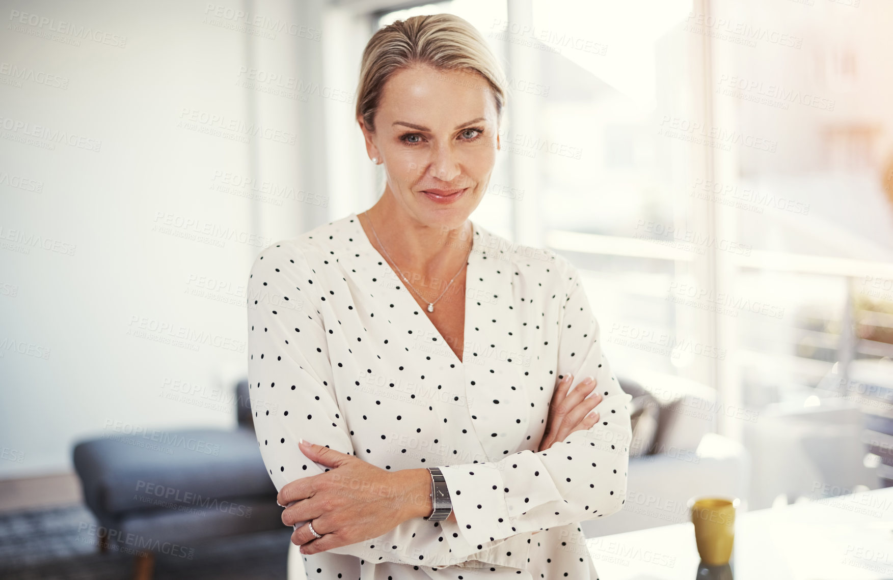 Buy stock photo Portrait, arms crossed and mature woman with pride, professional career or confidence in office. Business, hr manager and about us with ambition, smile or recruitment agency for corporate growth