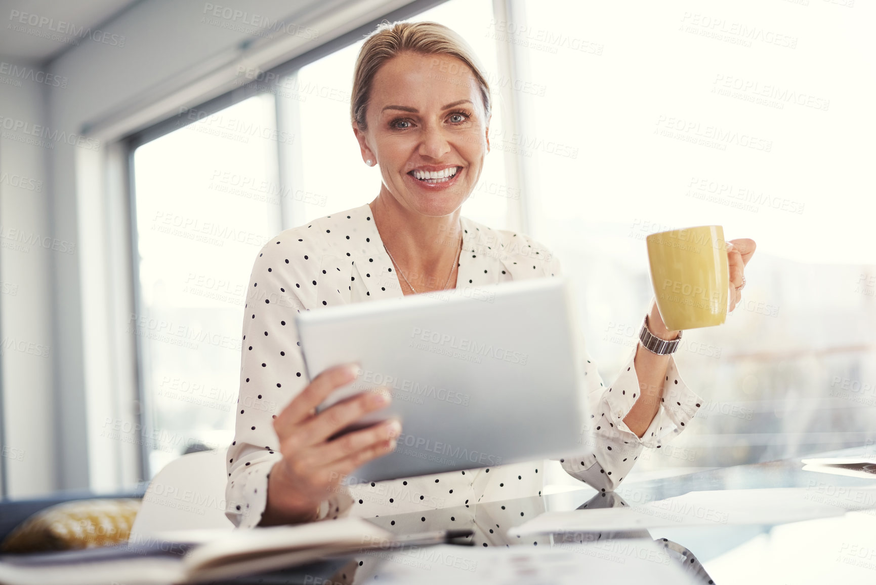 Buy stock photo Smile, woman and remote work with tablet at house for research, finance report and budget. Portrait, mature person and digital with coffee, online audit and financial paperwork for company expenses