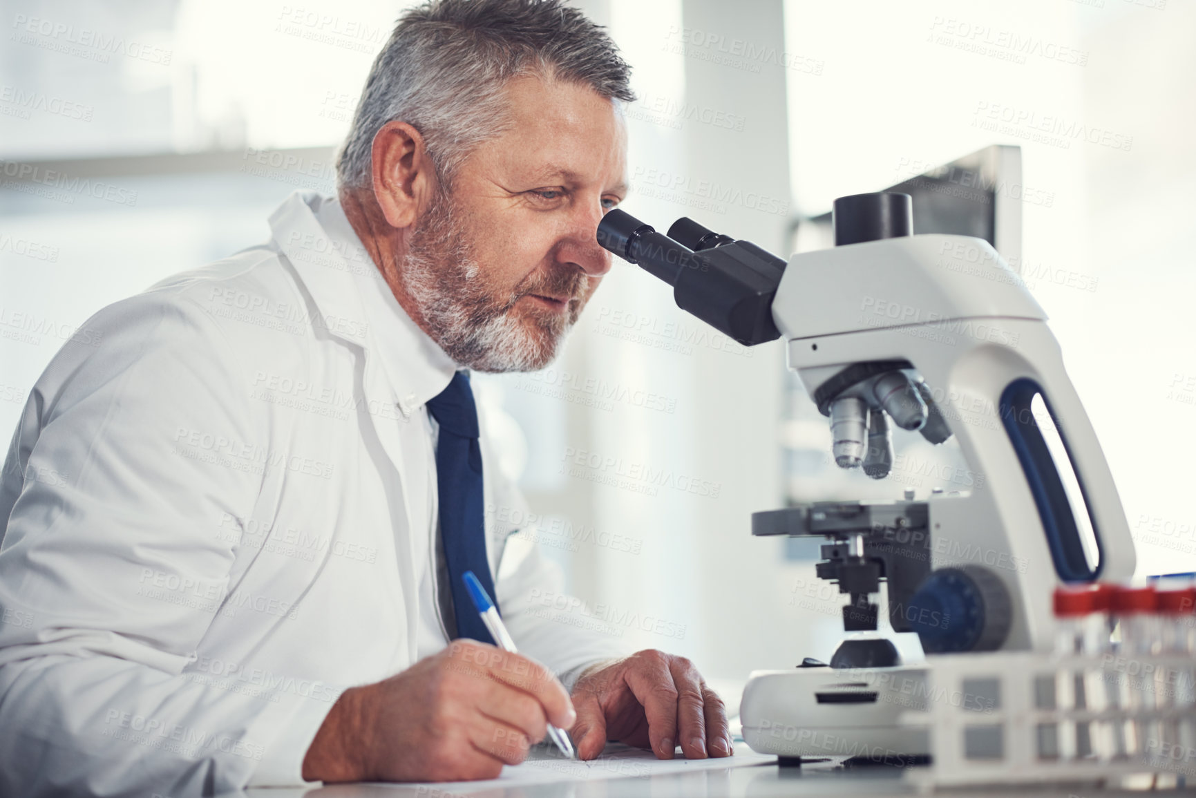 Buy stock photo Shot of a mature scientist using a microscope in a laboratory