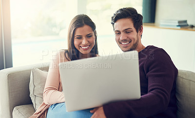 Buy stock photo Laptop, smile and couple on sofa for movie, show or film entertainment together at home. Happy, love and people relaxing and streaming funny, comic or comedy video on computer in living room at house