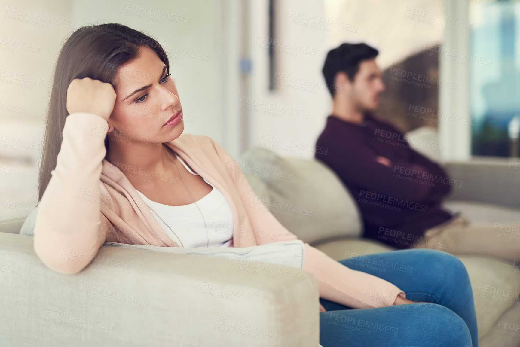 Buy stock photo Couple, ignore and angry with argument on couch in living room with silence, cheating and thinking in home. Woman, man and depressed with conflict, fight and divorce with reflection on sofa in lounge