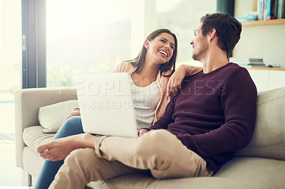 Buy stock photo Laptop, laughing and couple in lounge for movie, show or film entertainment together at home. Happy, love and people relax on sofa and streaming funny or comedy video on computer in living room.