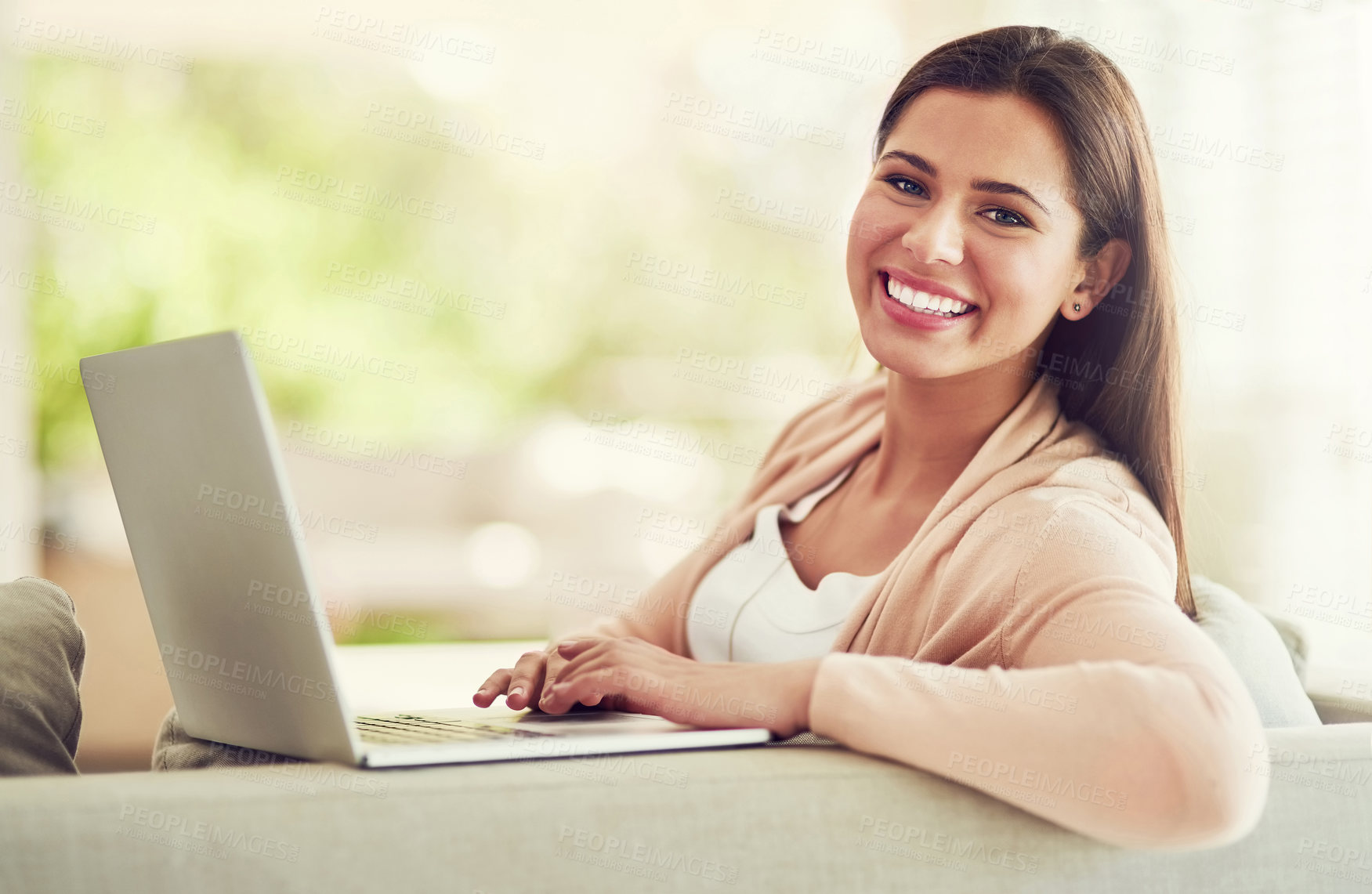 Buy stock photo Happy, sofa and portrait of woman on laptop for online networking, internet and remote work. Working from home, relax and person on computer for website, research project and proposal in living room