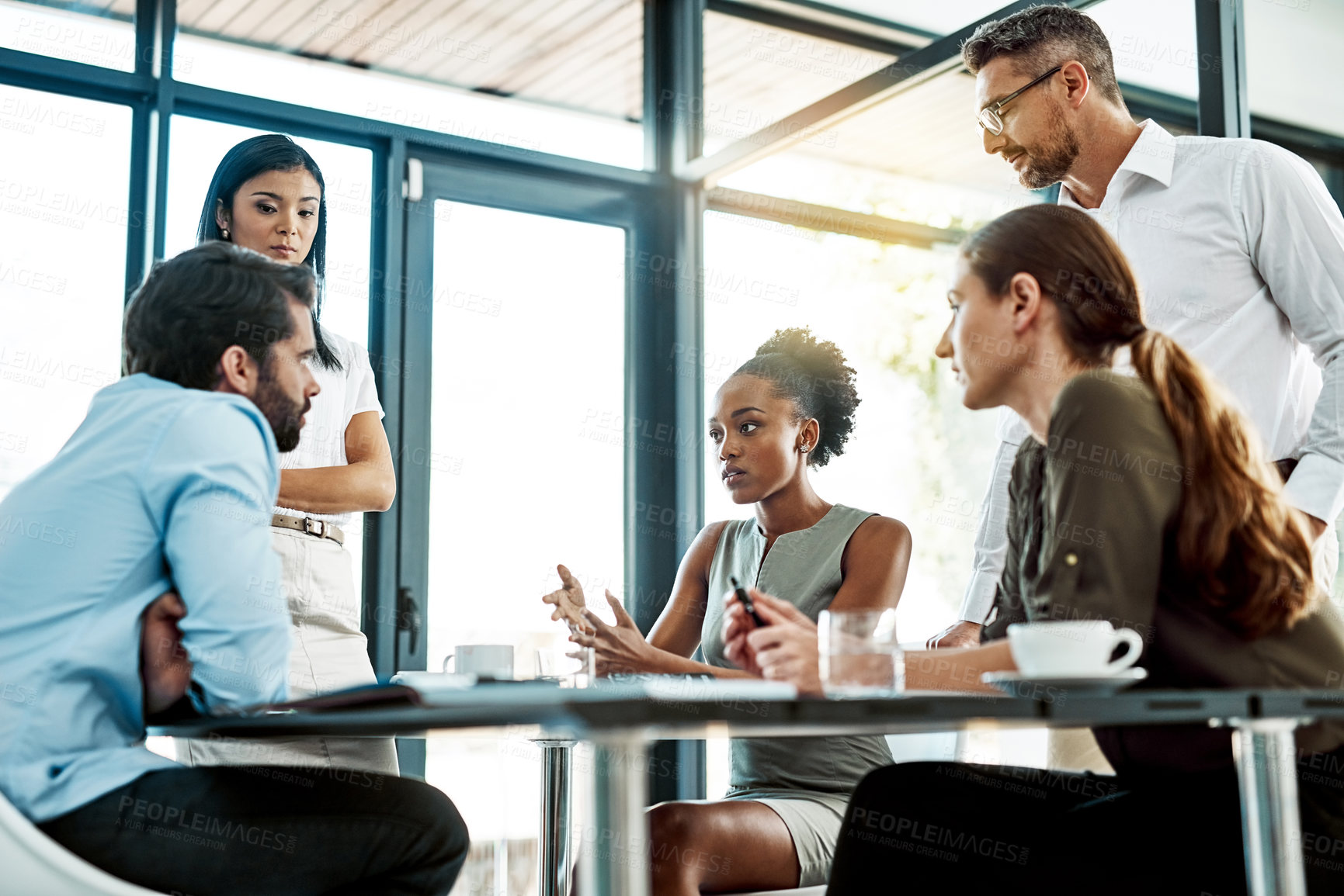 Buy stock photo Meeting, talk and business people in office with teamwork for planning strategy, brainstorming and monthly goal review. Cooperation, support and staff for consulting agency with feedback discussion