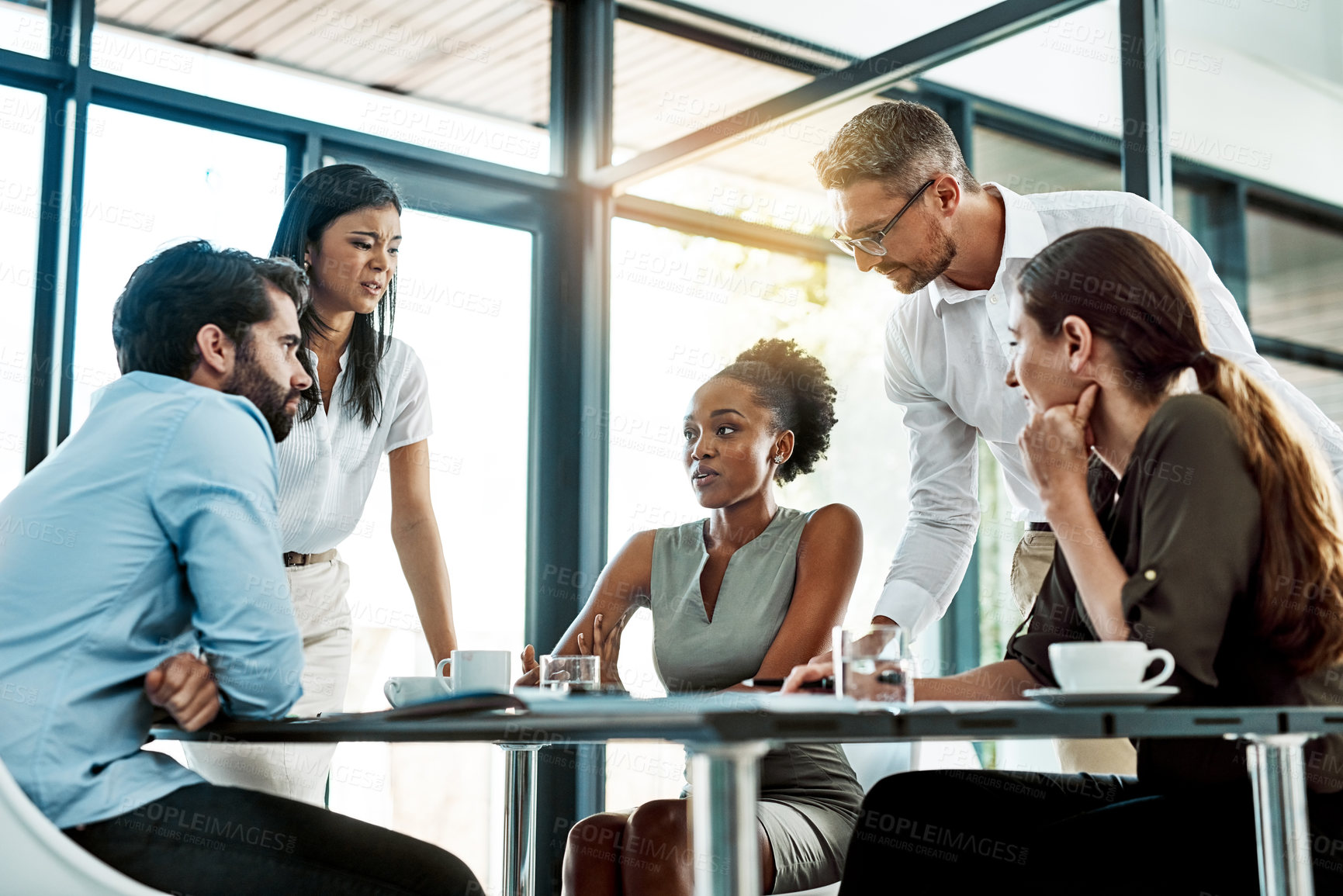 Buy stock photo Diversity, teamwork and business people in office with discussion for planning, brainstorming idea and project update. Collaboration, support and global staff by desk with meeting for problem solving