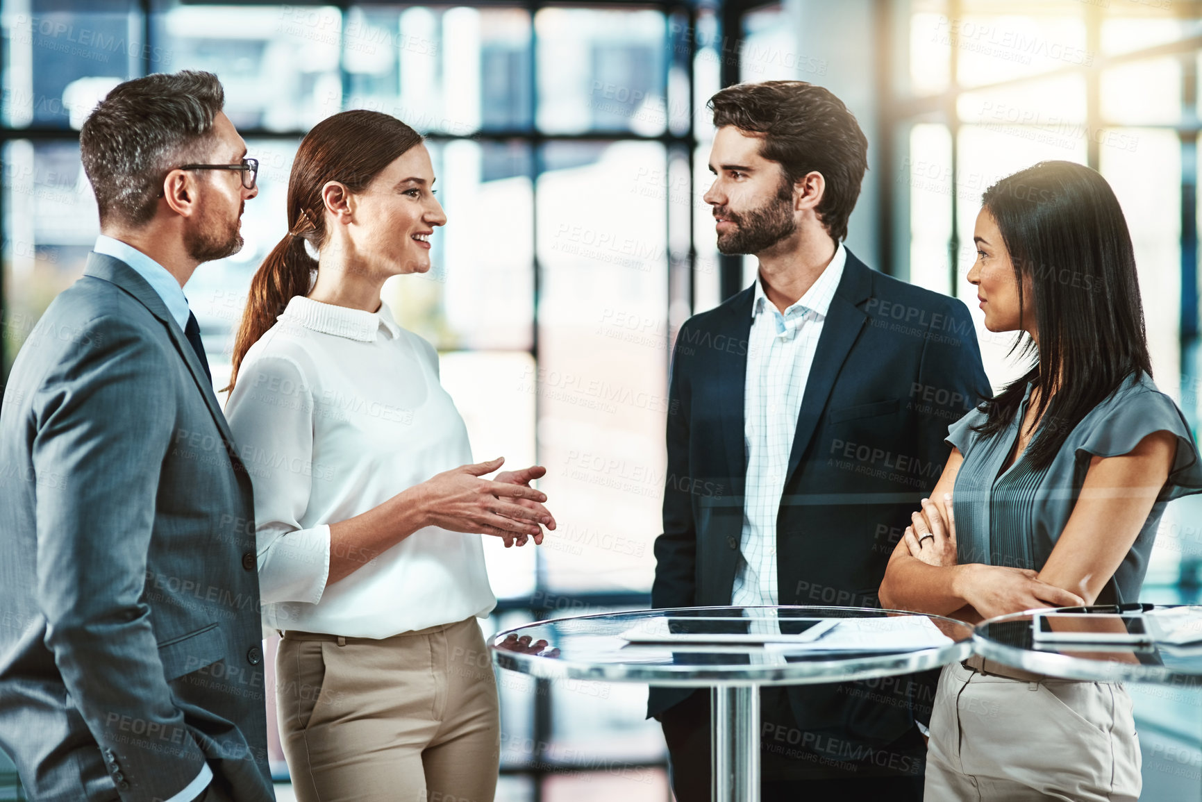 Buy stock photo Speaker, group and colleagues with smile in meeting, collaboration and working together for research. Brainstorming, men and women in office, cooperation and teamwork for PR and employees in project