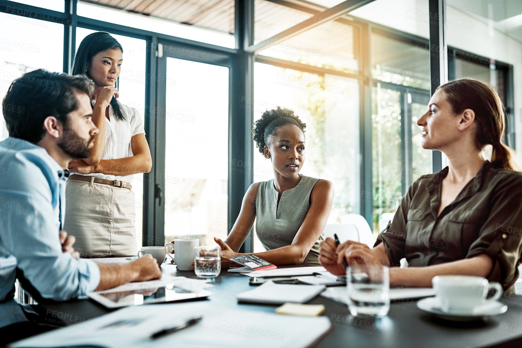 Buy stock photo Discussion, collaboration and corporate people by desk with support for brainstorming, business review and planning strategy. Talking, solidarity and staff for consulting agency with feedback meeting