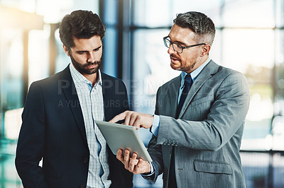 Buy stock photo Tablet, coaching and mentor with business people meeting for networking, communication and planning. Idea, collaboration and corporate with employees in office for partnership, teamwork or ceo review