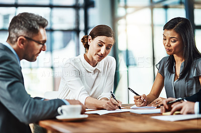 Buy stock photo Business people, writing and documents in meeting with team, negotiation or discussion in boardroom. Women, man and lawyer for agreement with signature, contract or collaboration at insurance agency