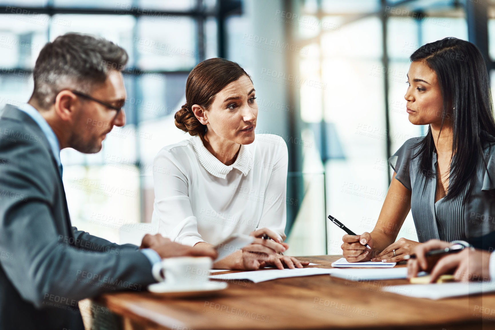 Buy stock photo Business people, writing and documents in meeting with group, negotiation or discussion in boardroom. Women, man and lawyer for agreement with signature, contract or collaboration at insurance agency