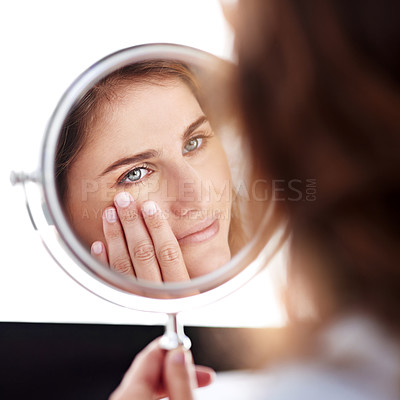 Buy stock photo Home, skincare and girl with mirror reflection for face care, wellness and healthy skin in bathroom. Female person, glowing and facial routine in morning with treatment or cosmetics and selfcare