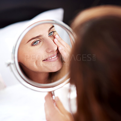 Buy stock photo Home, skincare and woman with mirror reflection for face care, wellness and healthy skin in bathroom. Female person, facial routine and glow in morning with treatment or cosmetics and selfcare