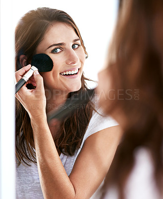 Buy stock photo Woman, mirror and portrait with makeup brush in home or morning routine as cosmetics, skincare or confidence. Female person, reflection and getting ready in apartment for beauty, treatment or tool
