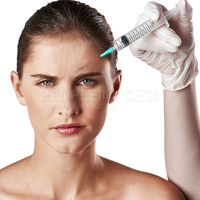 Buy stock photo Woman, portrait and hand with injection for forehead wrinkles or filler face lift, cosmetics or white background. Female person, needle and skincare procedure for anti aging, studio or mockup space