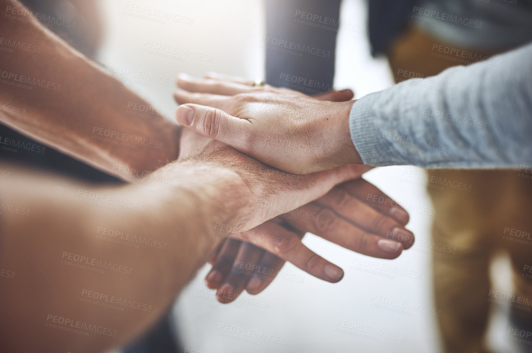 Buy stock photo Group, hands and huddle together for teamwork, problem solving and collaboration on company project. People, diversity and community for solidarity or unity with partnership, synergy and work support