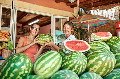 Buy stock photo Small business, woman and girl with watermelon for portrait, support and pride for startup growth. Mother, daughter and smile at farm stall with fresh produce, relationship development and teamwork