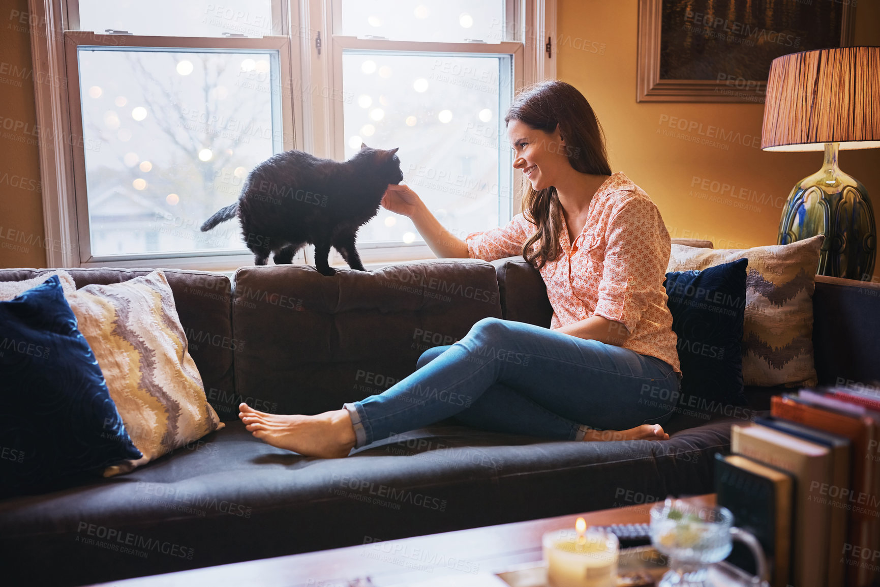 Buy stock photo Woman, play and stroke cat in home for love, scratch and domestic animal for companion or loyalty. Female person, pet care and peace in living room or friendly rescue for adoption, sofa and support