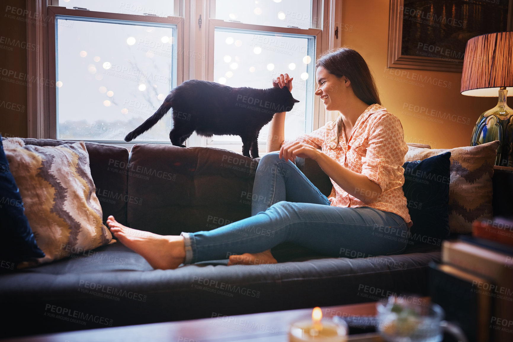 Buy stock photo Woman, care and stroke cat in home for love, scratch and domestic animal for companion or loyalty. Female person, pet care and peace in living room or friendly rescue for adoption, sofa and support