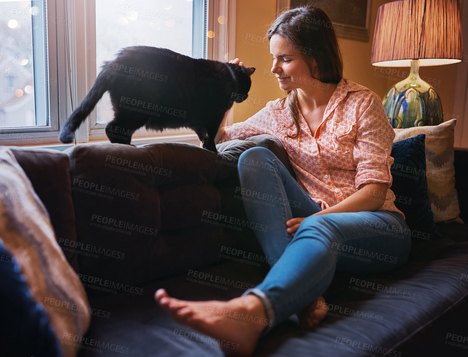 Buy stock photo Woman, cat and petting for affection in home, scratch and support animal or companion for love on sofa. Female person, relax and calm in living room to stroke pet, comfortable and loyalty connection