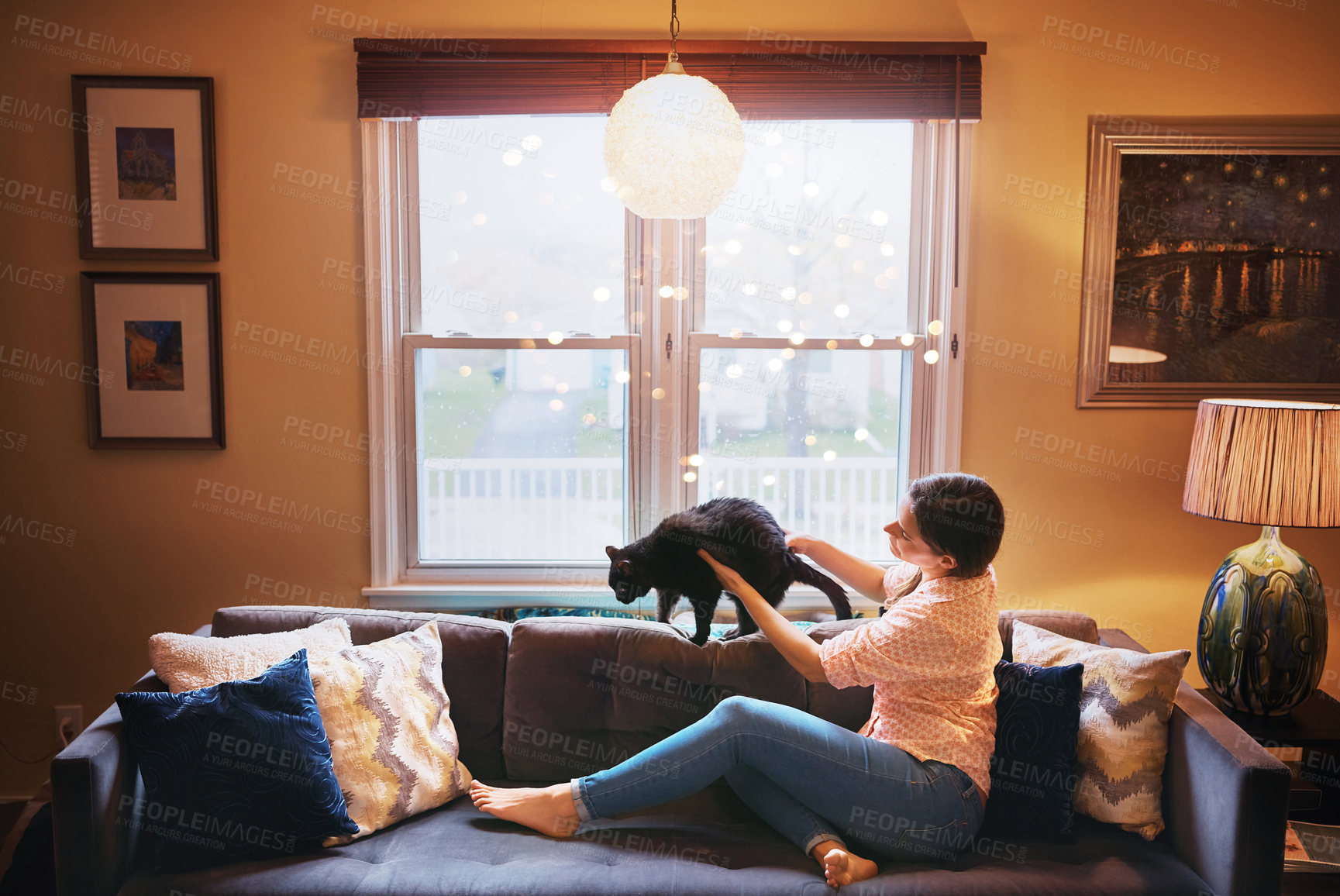 Buy stock photo Shot of an attractive young woman relaxing on the sofa at home and bonding with her cat