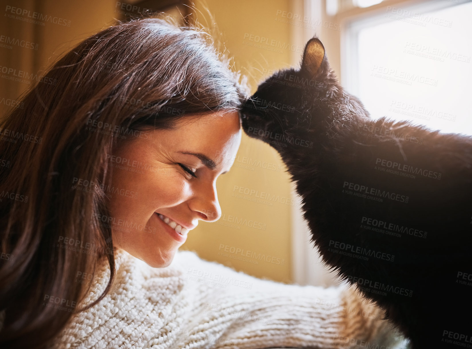 Buy stock photo Woman, smile and cat kiss in home for love, scratch and domestic animal for companion or loyalty. Female person, pet care and peace in living room or forehead touch for affection, sofa and support