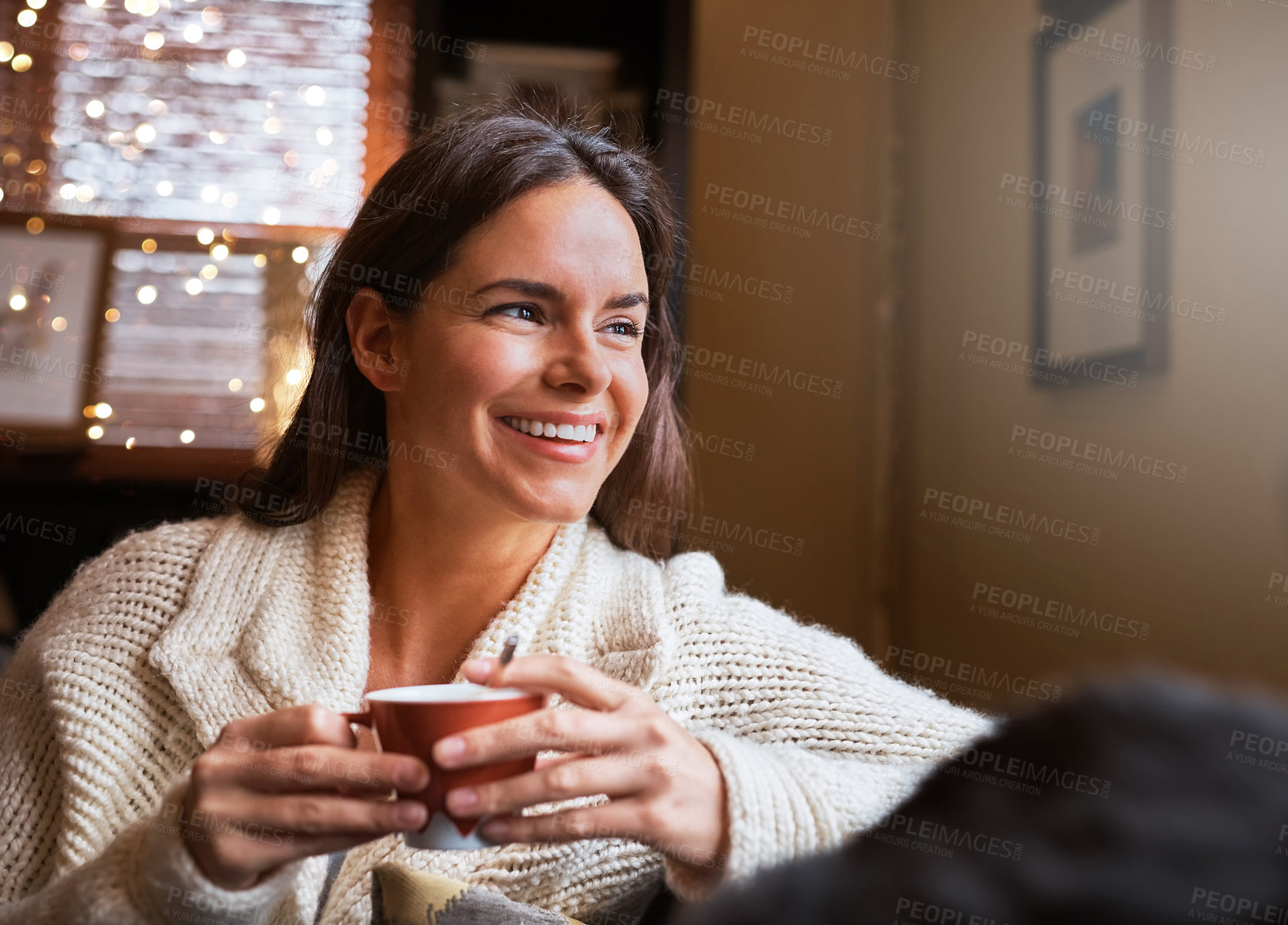 Buy stock photo Relax, smile and woman with coffee on sofa for morning, satisfaction and rest on weekend at home. House, happy and person with warm caffeine beverage for peace, self care and thinking of memory