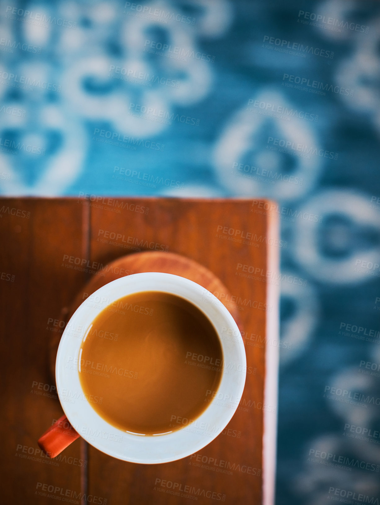 Buy stock photo Space, cup and above of coffee on tablet for caffeine drink, beverage and cappuccino in cafe. Diner, aesthetic and top view of mug with liquid, espresso and brew for break, energy and breakfast
