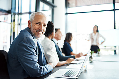 Buy stock photo Portrait, businessman and presentation in smile, boardroom and meeting. Mature man, laptop and office for strategy, campaign and corporate or plan, employees and collaboration in coworkers or manager