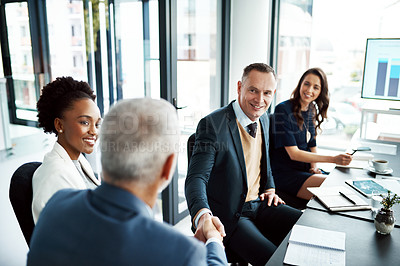 Buy stock photo Business people, meeting or office with tech and shaking hands for deal, thank you for global sales. Group, workplace or handshake with monitor and paperwork for international, b2b or collaboration