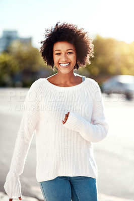 Buy stock photo Portrait, black woman and fashion in urban street, Autumn and clothing in outdoor nature. Flare, smile and walk with female person for thrift and capsule wardrobe, sustainable and ecofriendly style