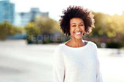Buy stock photo Portrait, woman and smile in street, outdoor and afro in urban, fashion and natural hair. Winter wear, city and happiness or holiday, road and confident in cheerful, vacation and relax for travel