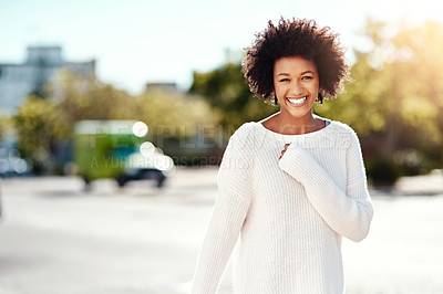 Buy stock photo Girl, portrait and happy in street, outdoor and smile in urban, fashion and natural hair. Winter wear, afro and happiness or african woman, road and confident in cheerful, vacation and relax or joy