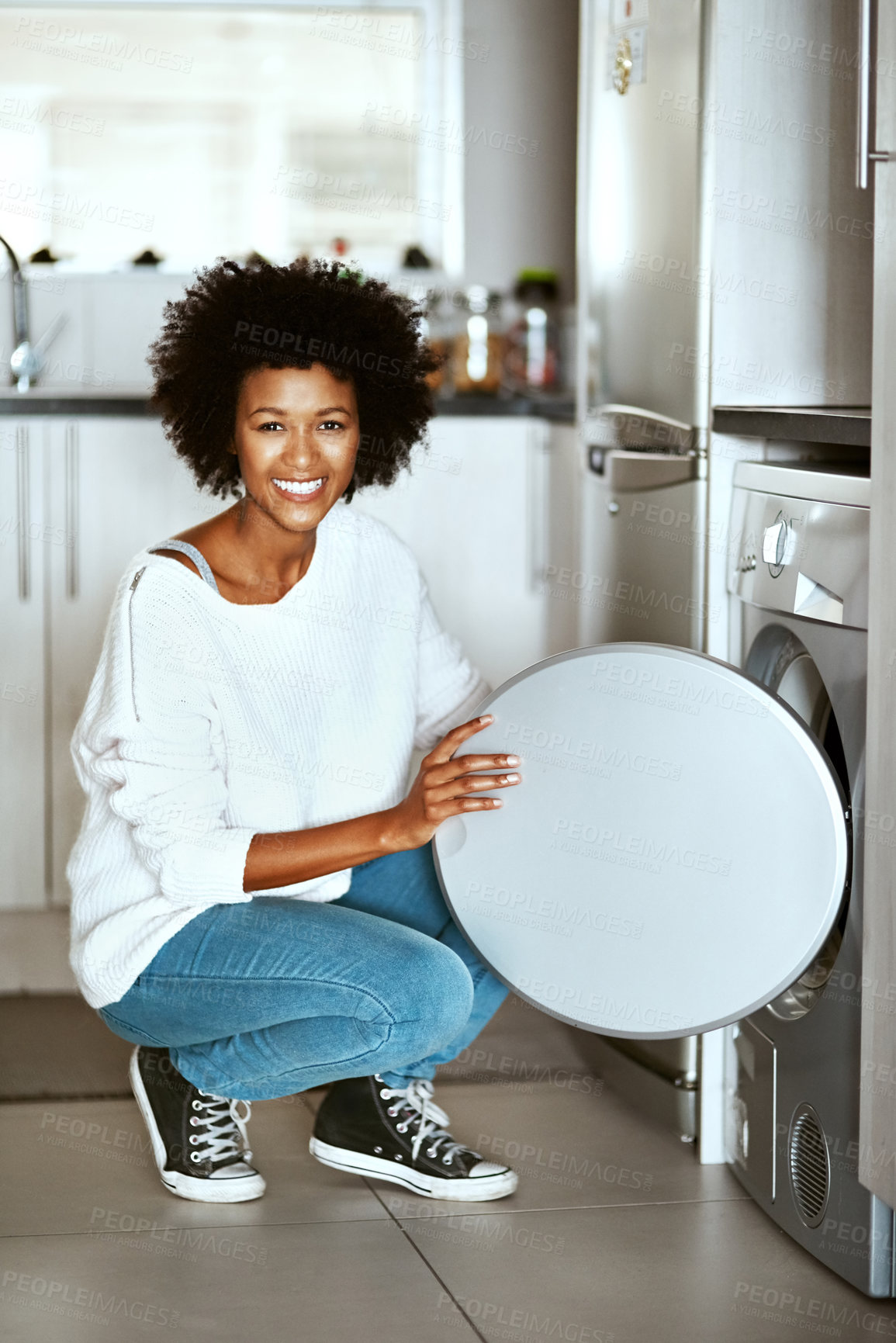 Buy stock photo House, portrait and black woman with laundry machine for washing, cleaning clothes and housework. Home, domestic work and happy girl with equipment for chores, household and electric appliance