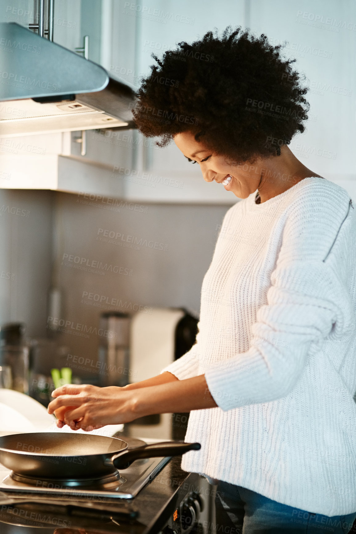 Buy stock photo Black woman, egg and cooking on stove in home, frying pan and meal preparation in kitchen. Female person, apartment and nutrition in food, protein diet and skill for cuisine on gas for dinner routine