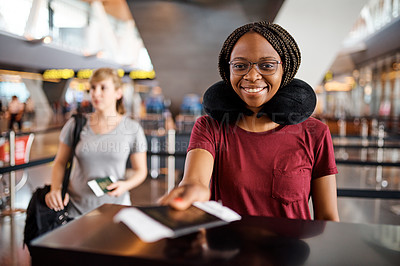 Buy stock photo Black woman, airport and happy with passport at help desk for journey, travel and boarding. Female person, tourist and ticket or document as identity check on flight for holiday and adventure