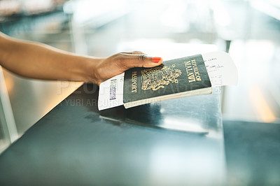 Buy stock photo Hand, passport and airport service counter closeup or boarding flight, support and travel desk administration. Travelling tourist, checkin and person with id book, ticket and journey documents