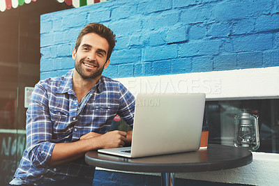 Buy stock photo Man, thinking and busy in cafe on laptop, remote work and internet job on technology for digital networking. Smile, copywriting on social media platform, online career and idea for creative blog
