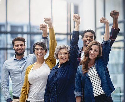 Buy stock photo Celebration, diversity and business people with a fist in office for confidence, motivation and teamwork. Happy, smile and group of multiracial corporate employees to celebrate success in workplace.