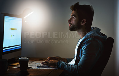 Buy stock photo Man, computer and screen for webdesign at night with deadline, website development or coding at startup. Creativity, digital and software programming with tech, working late and UI for internet vlog 
